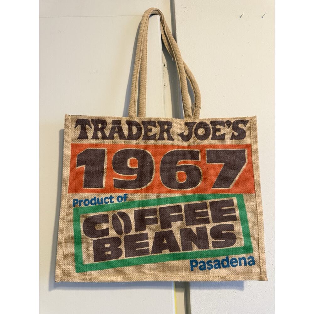 Trader Joe's Tote Jute Bag Reusable 1967 Pasadena Coffee Beans 17x14x9